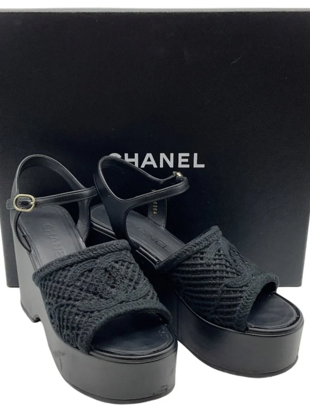 Chanel 2025 Black Mesh CC Logo Platform Sandals